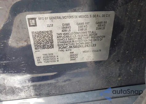 2019 Chevrolet Trax Ls z USA, uszkodzony, nr VIN 3GNCJKSB2KL242533